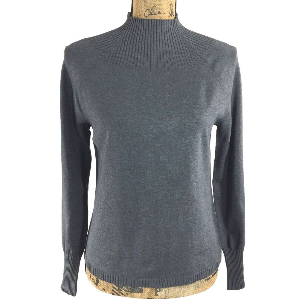 Anne Klein Sweater LARGE Charcoal Gray Rib Top Silk Bl Mock Long Sl‎ Career NICE